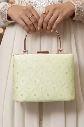  pista green based threadwork pattern embroidery clutch