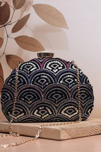  black based silver sequins fabric clutch bag for women with detachable chain strap