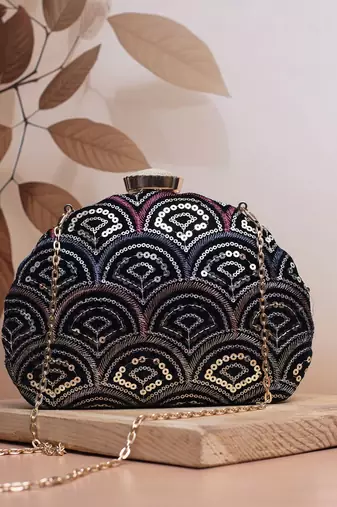  black based silver sequins fabric clutch bag for women with detachable chain strap