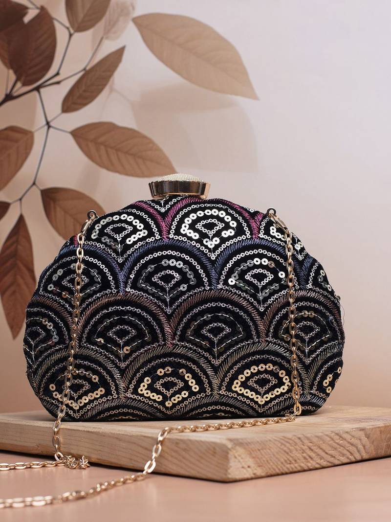  black based silver sequins fabric clutch bag for women with detachable chain strap