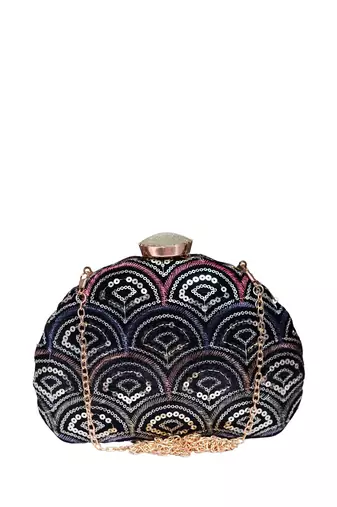  black based silver sequins fabric clutch bag for women with detachable chain strap