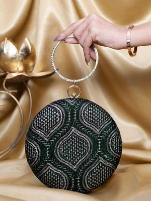  dark green based silver threadwork and sequins embroidery clutch 1