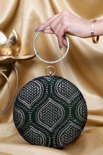  dark green based silver threadwork and sequins embroidery clutch