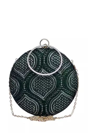  dark green based silver threadwork and sequins embroidery clutch