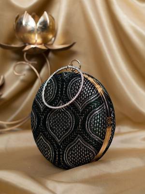  dark green based silver threadwork and sequins embroidery clutch 3