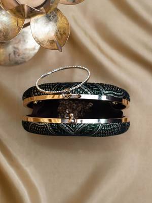  dark green based silver threadwork and sequins embroidery clutch 4