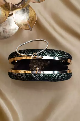  dark green based silver threadwork and sequins embroidery clutch