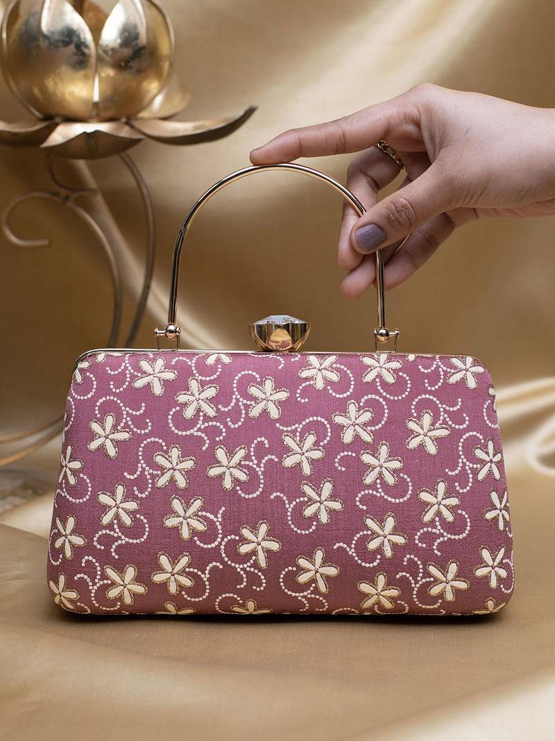  lavender based white floral embroidery clutch