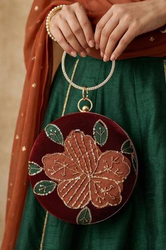  ruby bloom velvet embroidered round clutch