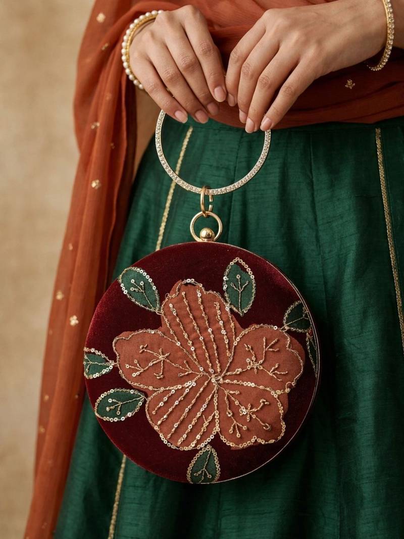 ruby bloom velvet embroidered round clutch