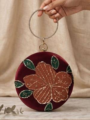  ruby bloom velvet embroidered round clutch 2