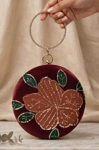  ruby bloom velvet embroidered round clutch