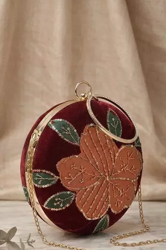  ruby bloom velvet embroidered round clutch