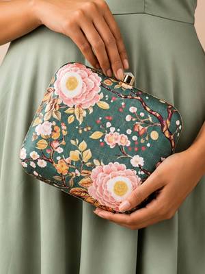  olive green based pink floral printed clutch 1