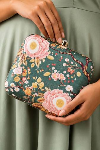  olive green based pink floral printed clutch
