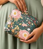  olive green based pink floral printed clutch