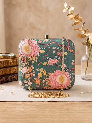  olive green based pink floral printed clutch 2