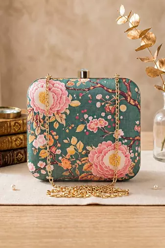  olive green based pink floral printed clutch
