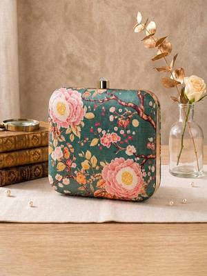  olive green based pink floral printed clutch 3