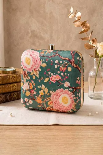  olive green based pink floral printed clutch