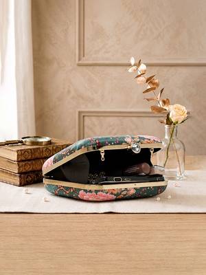  olive green based pink floral printed clutch 4