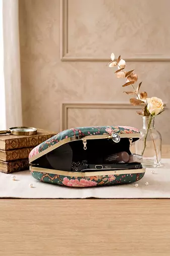  olive green based pink floral printed clutch