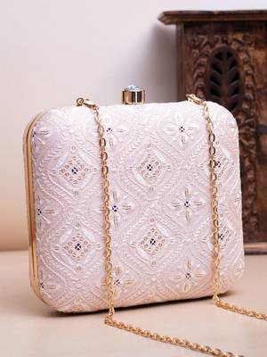  pastel pink based white threadwork embroidery clutch bag for women with detachable strap 1