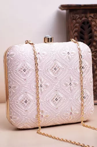  pastel pink based white threadwork embroidery clutch bag for women with detachable strap