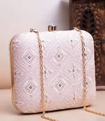 pastel pink based white threadwork embroidery clutch bag for women with detachable strap