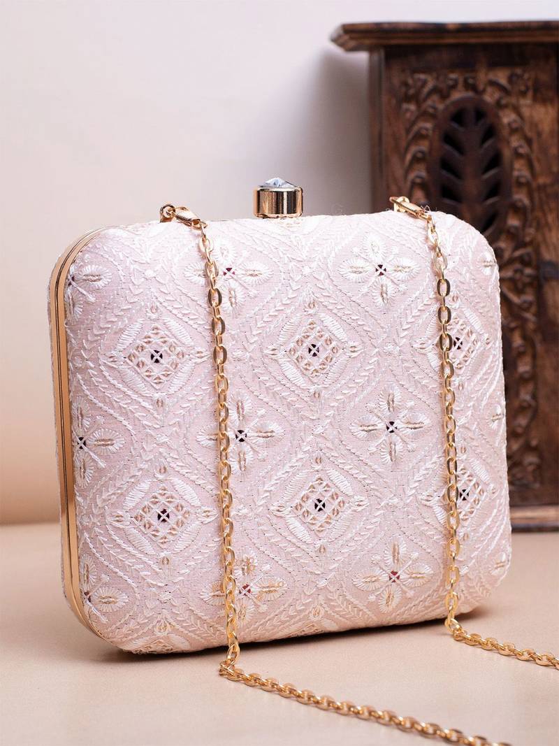  pastel pink based white threadwork embroidery clutch bag for women with detachable strap