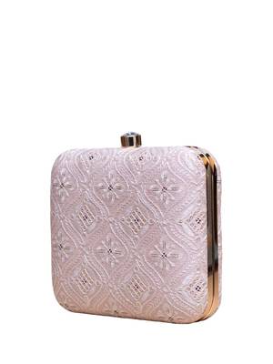  pastel pink based white threadwork embroidery clutch bag for women with detachable strap 2