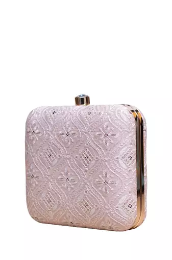  pastel pink based white threadwork embroidery clutch bag for women with detachable strap