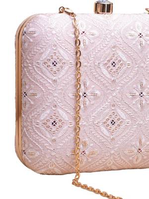  pastel pink based white threadwork embroidery clutch bag for women with detachable strap 3