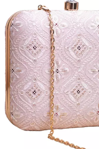  pastel pink based white threadwork embroidery clutch bag for women with detachable strap