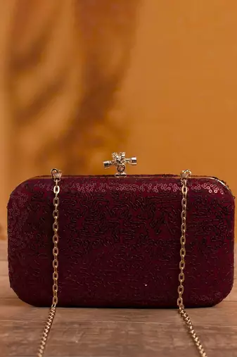  maroon based sequins embrodiery clutch bag for women with detachable strap