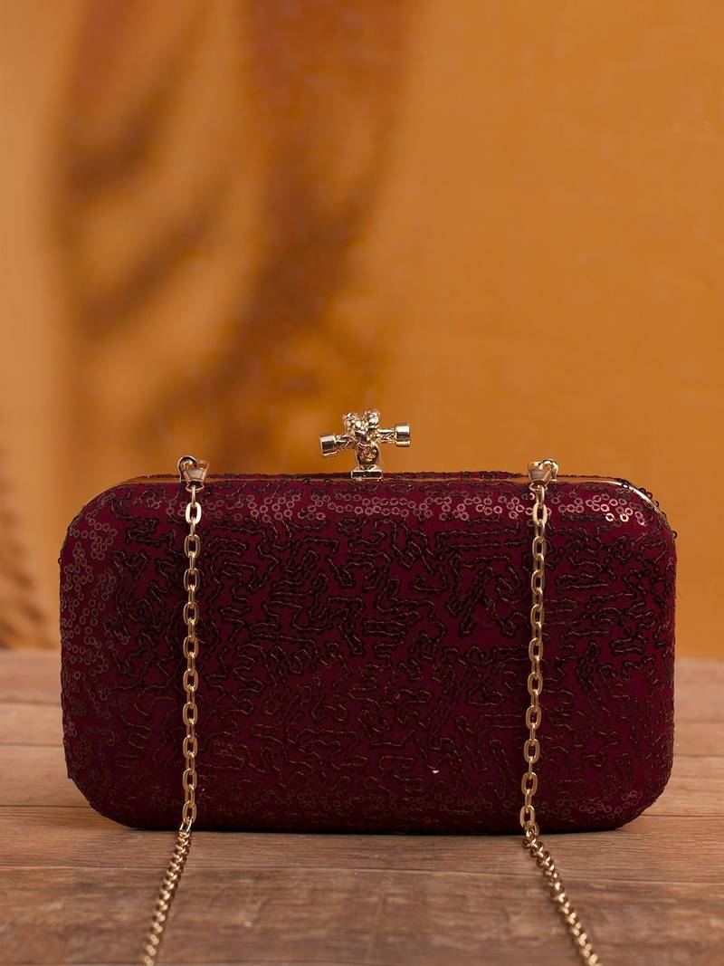  maroon based sequins embrodiery clutch bag for women with detachable strap