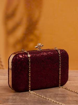  maroon based sequins embrodiery clutch bag for women with detachable strap 2