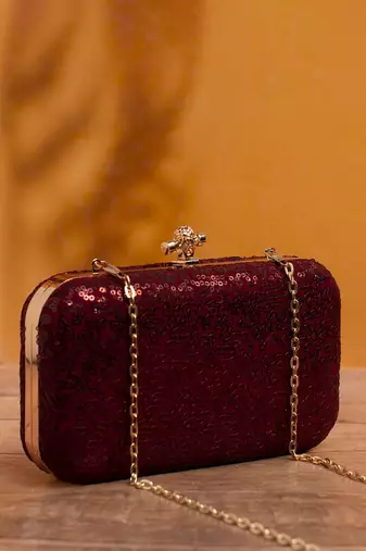  maroon based sequins embrodiery clutch bag for women with detachable strap