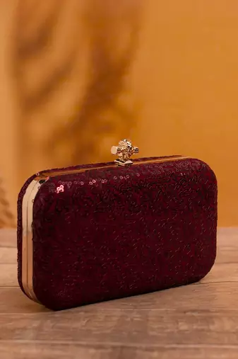  maroon based sequins embrodiery clutch bag for women with detachable strap