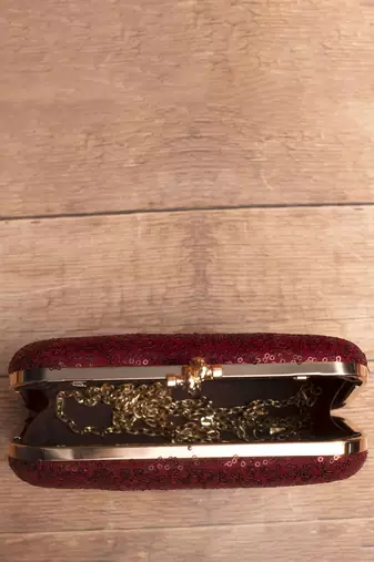  maroon based sequins embrodiery clutch bag for women with detachable strap