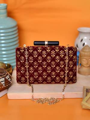  women maroon & gold embroidered box clutch 1
