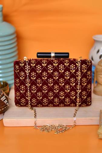  women maroon & gold embroidered box clutch