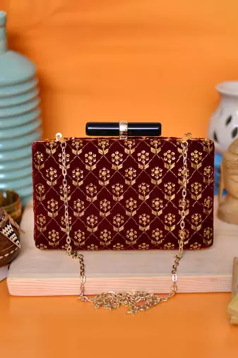  women maroon & gold embroidered box clutch