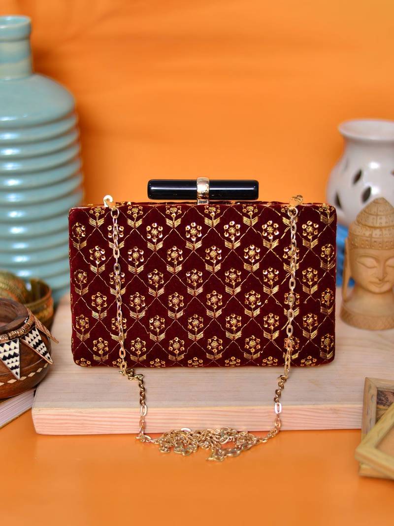  women maroon & gold embroidered box clutch