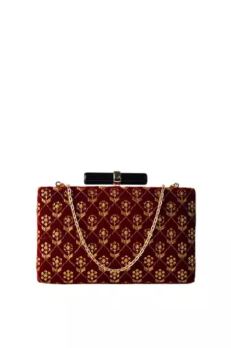  women maroon & gold embroidered box clutch