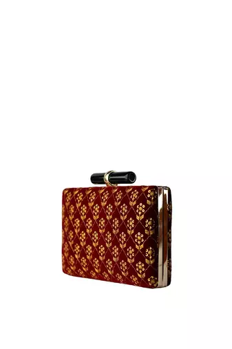  women maroon & gold embroidered box clutch