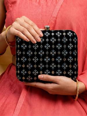  black based multicolored pattern threadwork embroidery clutch 1