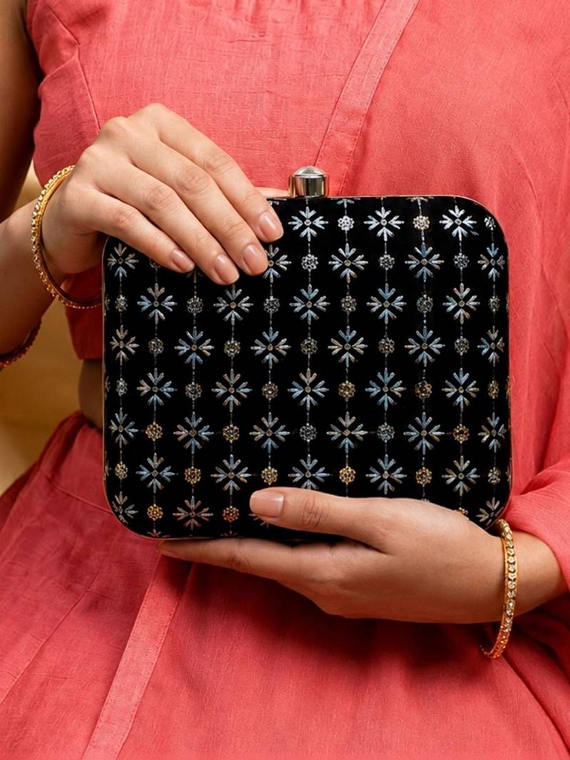  black based multicolored pattern threadwork embroidery clutch