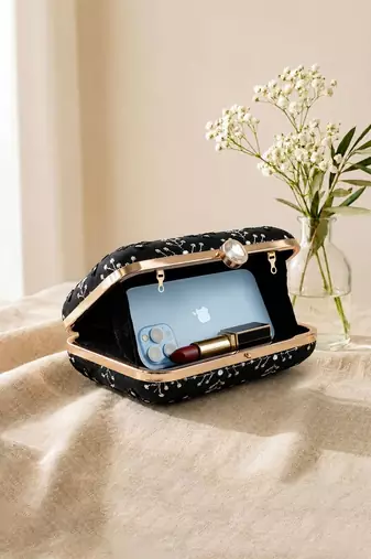  black based multicolored pattern threadwork embroidery clutch