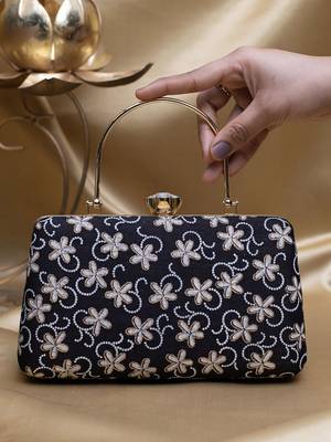  black based white floral embroidery clutch 1